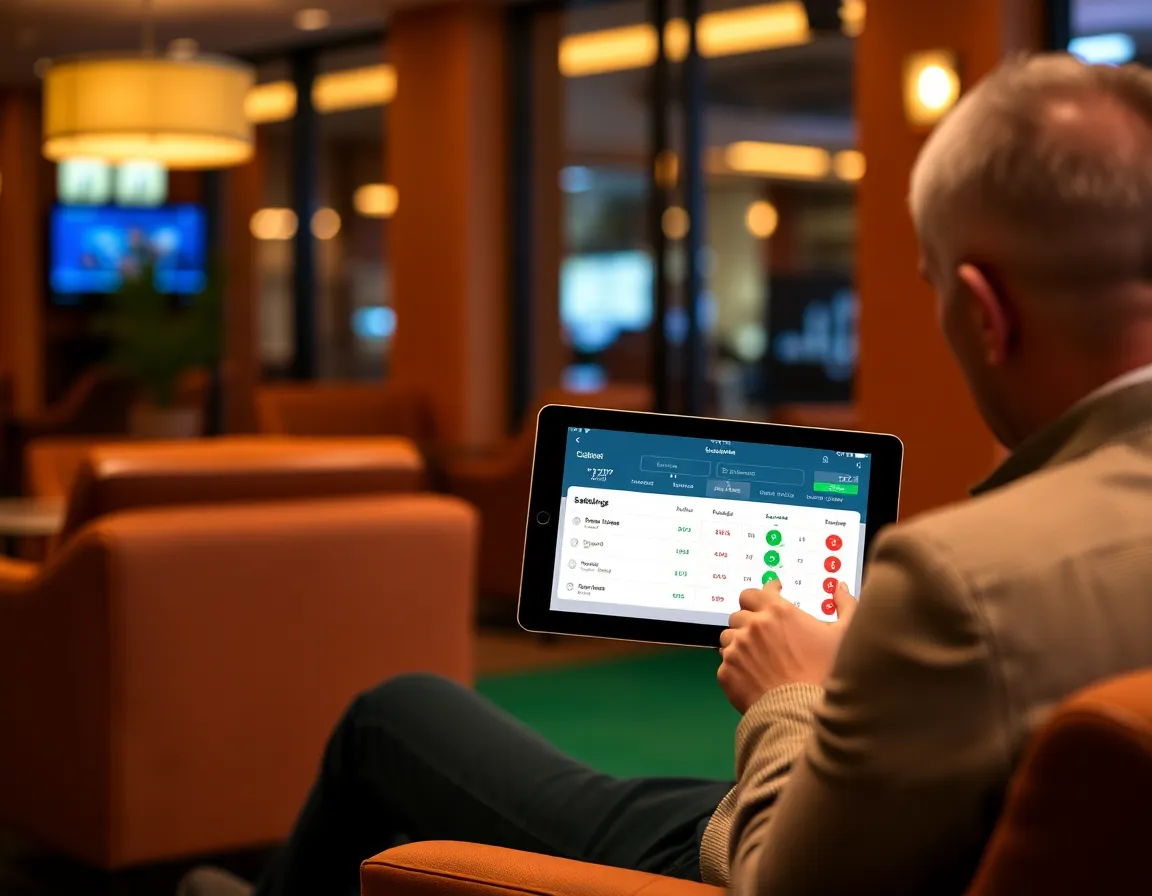 Calm lounge setting with a patron using a tablet showing responsible player limit settings and balance analytics