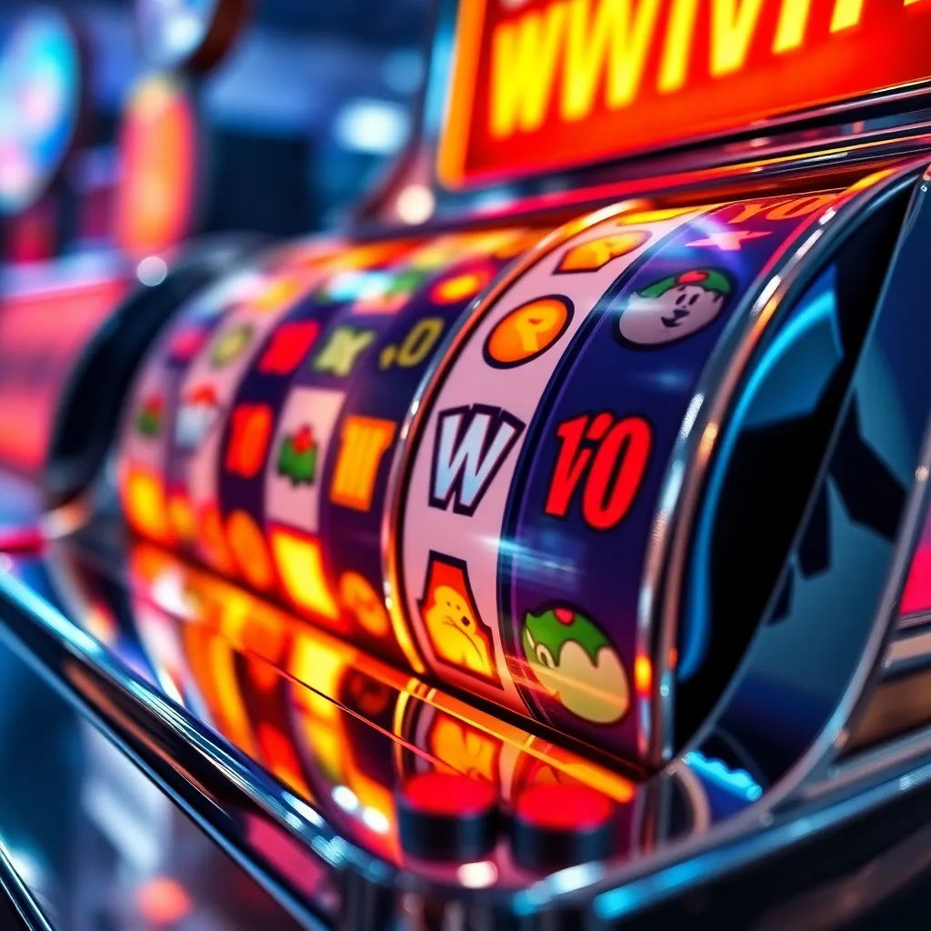 Close up of mechanical slot reels showing glowing wild symbols and payouts on a chrome console