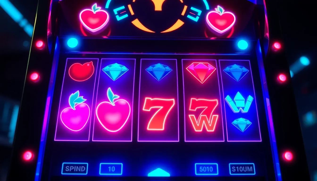 Close up view of retro futuristic slot machine screen with glowing cherries, neon diamonds, cosmic wild symbols, and spin payout meter