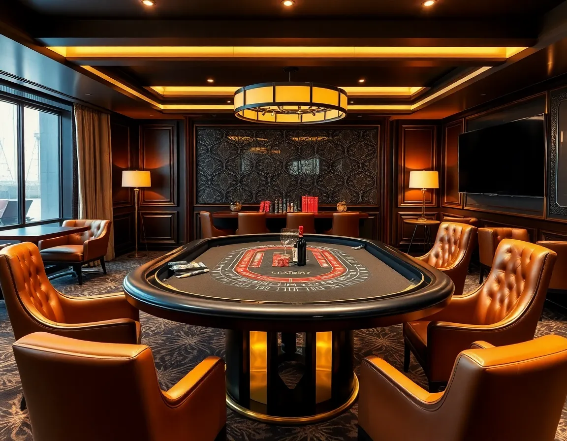 Exclusive private VIP casino lounge featuring mid century leather armchairs, custom gold trim Baccarat table, high limit chips, and champagne service