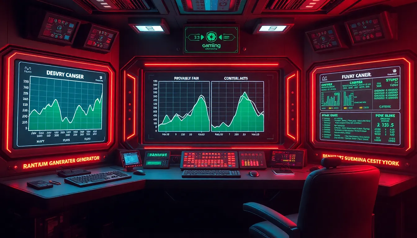 High tech retro futuristic control room terminal displaying provably fair random number generator graphs and cryptographic verification hashes