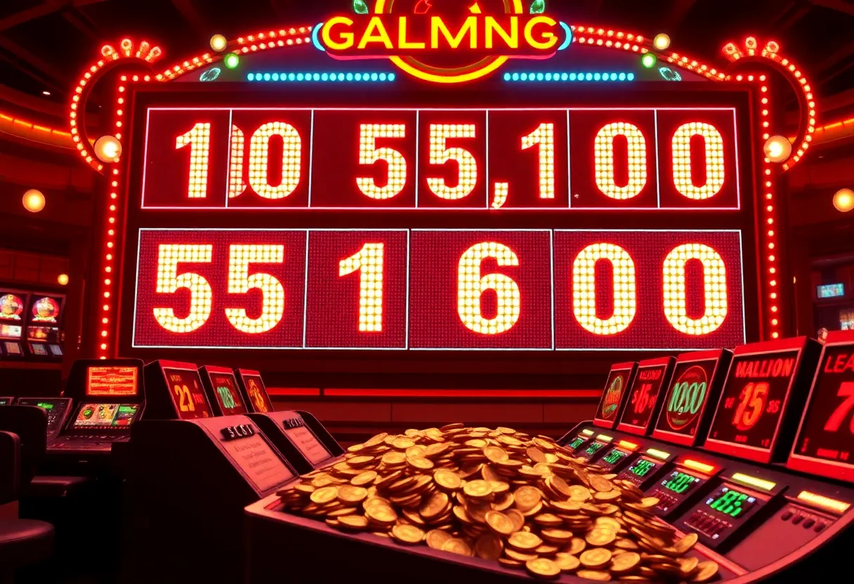 Massive illuminated casino progressive jackpot scoreboard displaying million dollar numbers with gold coins spilling around retro mid century control consoles
