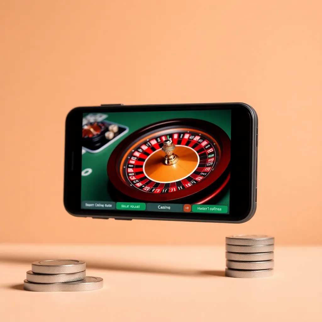 Modern smartphone displaying responsive online casino interface with spinning roulette wheel in portrait mode