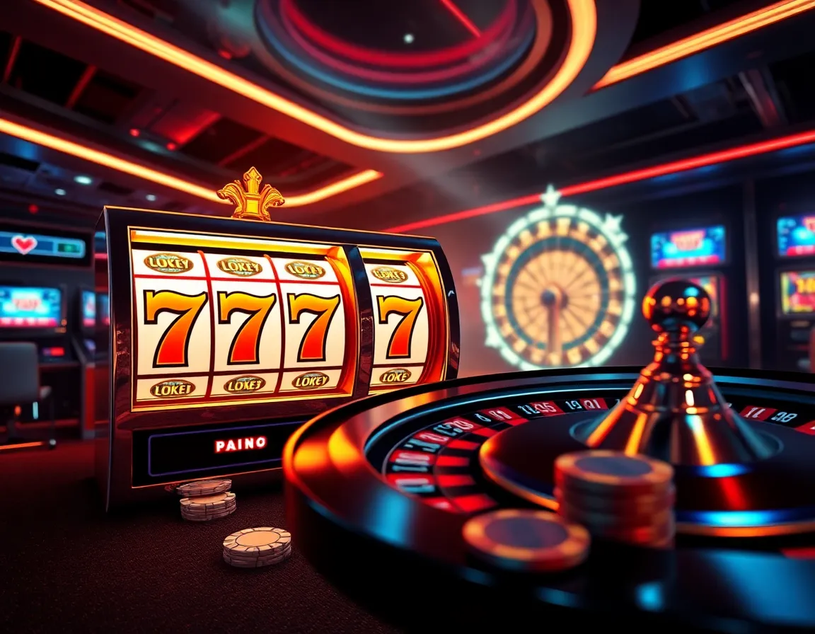 Retro-futuristic space age casino floor with illuminated mechanical slot reels displaying triple lucky sevens, glowing roulette wheel, and polished chrome wager chips in dramatic starlight lighting