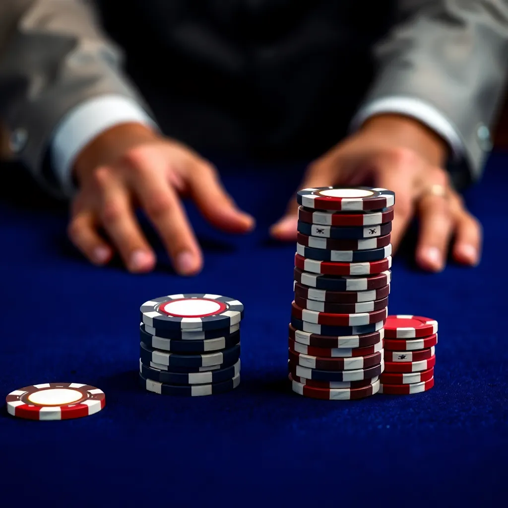 Side perspective of high limit poker chips stacked on dark blue felt with dealer hands visible