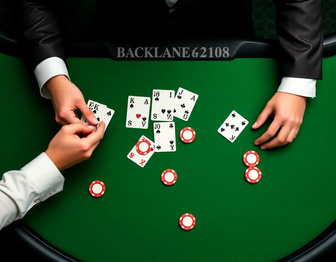 Top down overhead angle of green velvet Blackjack and Baccarat table with croupier dealing pristine cards and heavy ceramic betting chips