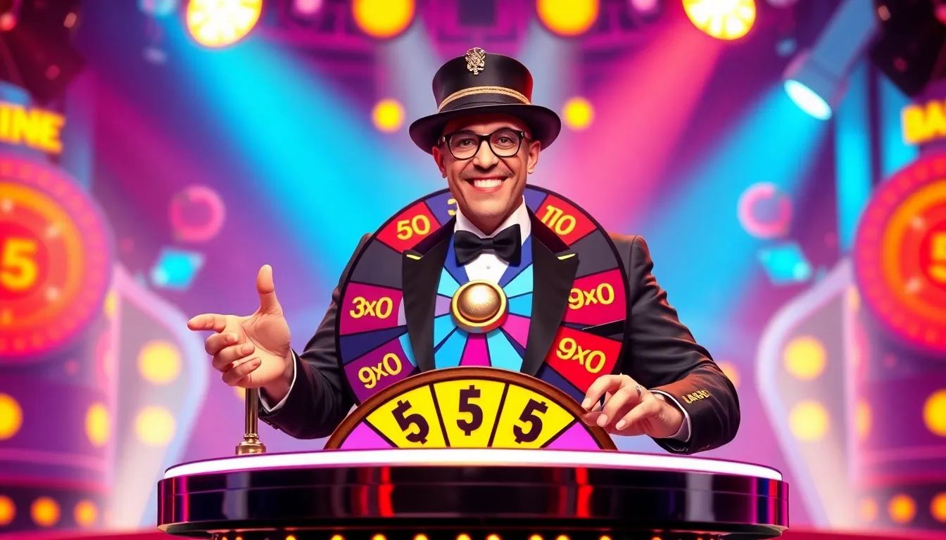 Vibrant 1960s space age game show wheel hosted by charismatic croupier with spinning multi-color bonus segments and multipliers